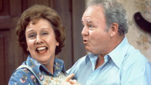 Jean Stapleton as Edith Bunker and Carroll O'Connor as Archie Bunker on the CBS television network series All in the Family in 1976.